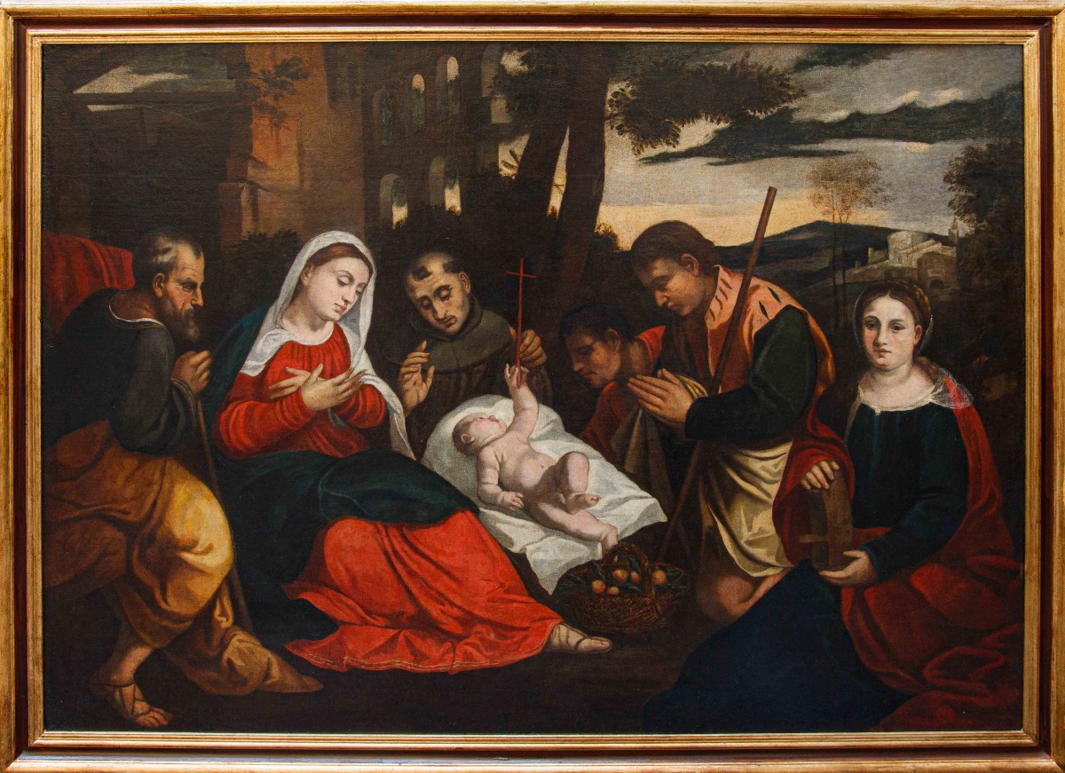 Bottega di Bonifacio de’ Pitati, Adorazione dei pastori  con i Santi Francesco e Caterina