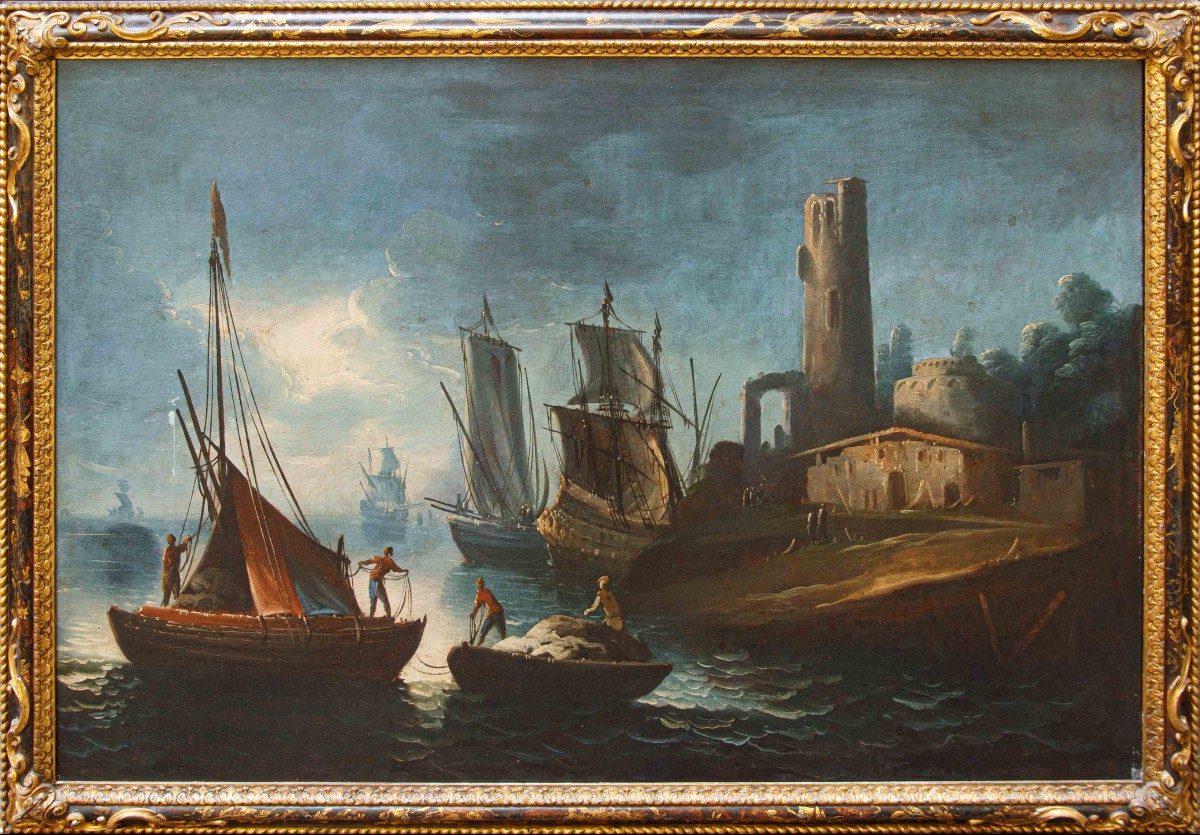 Francesco Antoniani (Milano, 1700/1710 - Torino, 1775), Veduta portuale con velieri