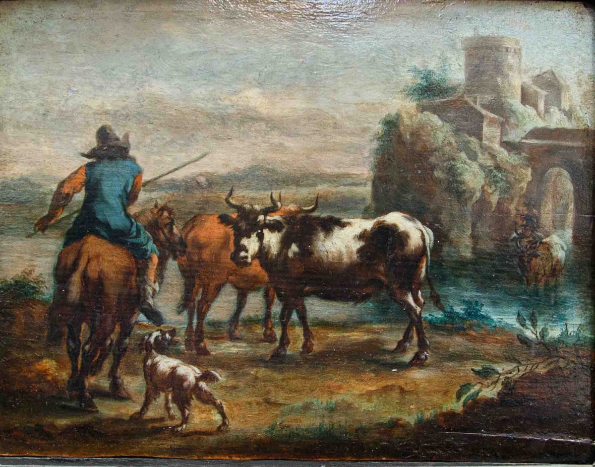 Christian Reder (Lipsia, 1656 – Roma, 1726) bottega di,  Coppia di scene agresti-photo-1