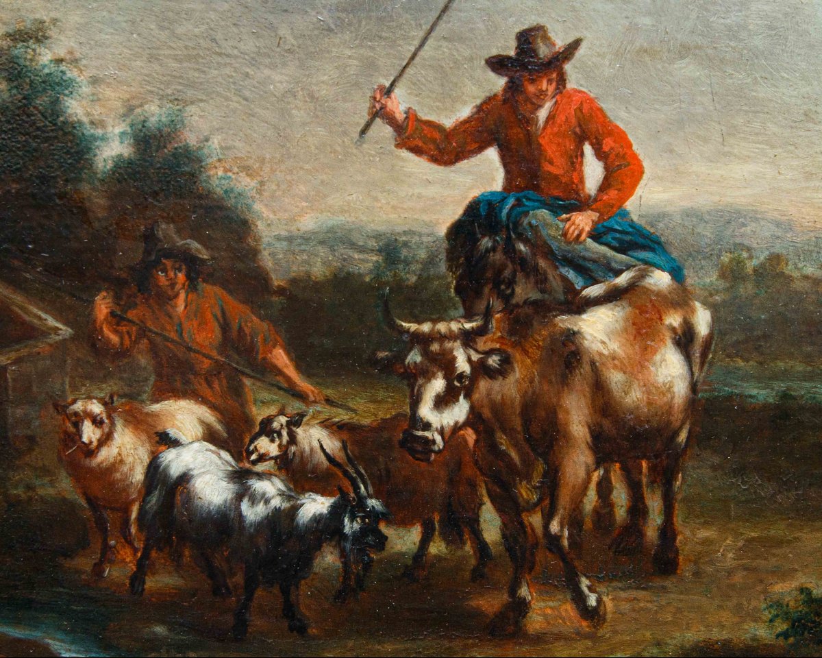 Christian Reder (Lipsia, 1656 – Roma, 1726) bottega di,  Coppia di scene agresti-photo-2