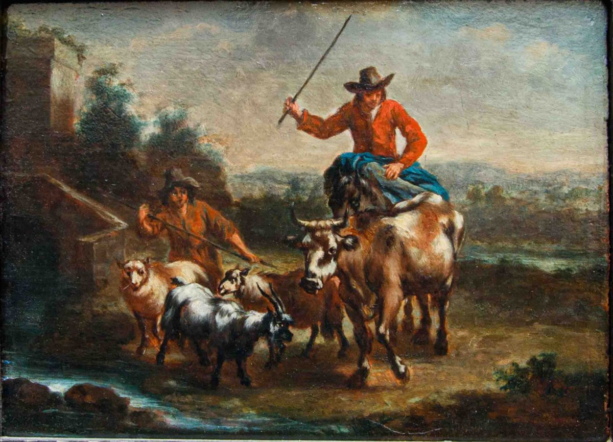 Christian Reder (Lipsia, 1656 – Roma, 1726) bottega di,  Coppia di scene agresti-photo-8