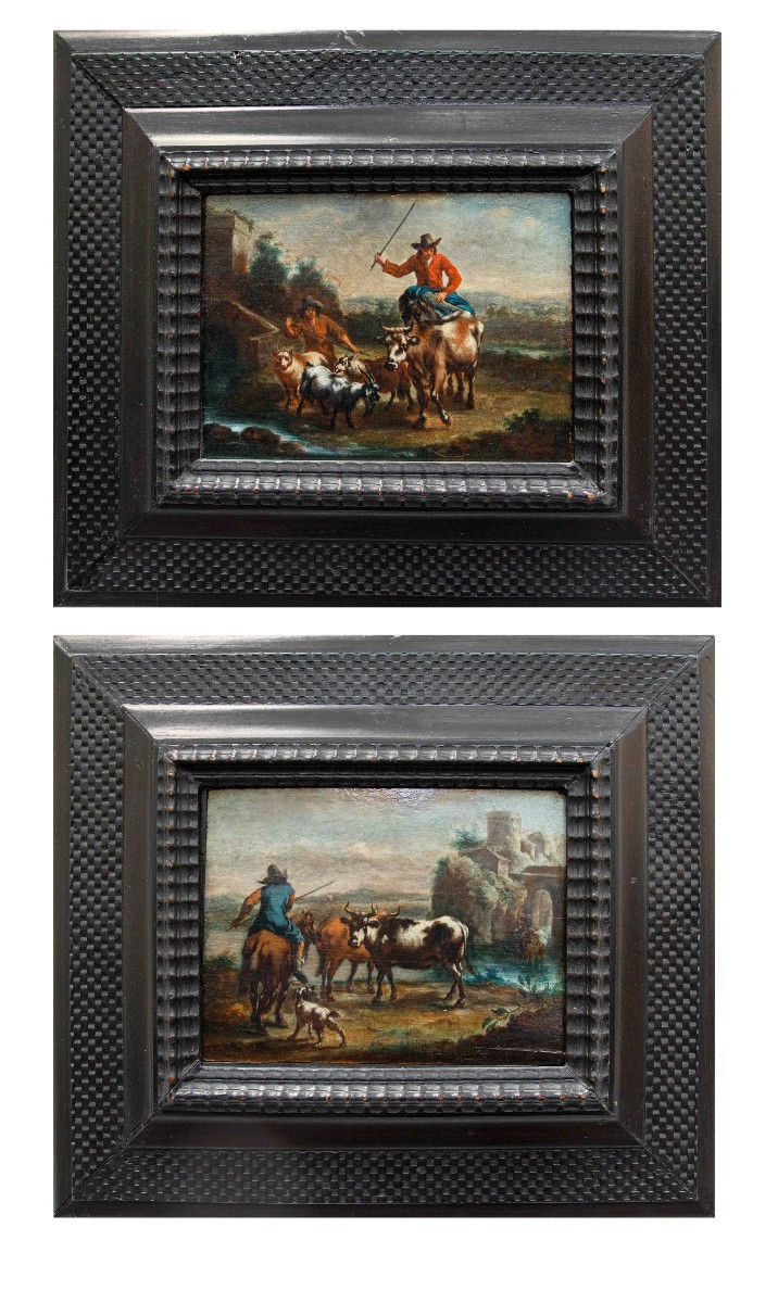 Christian Reder (Lipsia, 1656 – Roma, 1726) bottega di,  Coppia di scene agresti