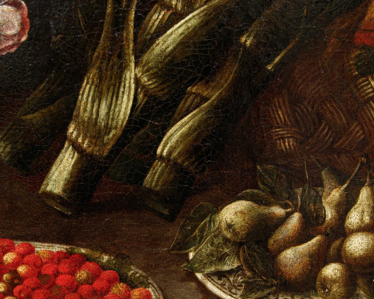 Scuola lombarda, XVII secolo , Composizione con fiori e frutta -photo-1