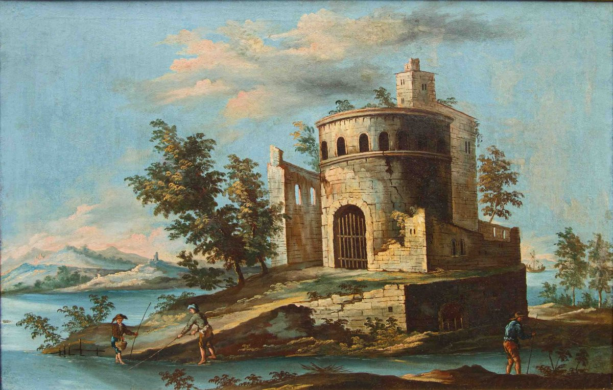 Scuola veneta del XVIII secol, Paesaggio con lago e torre circolare-photo-3