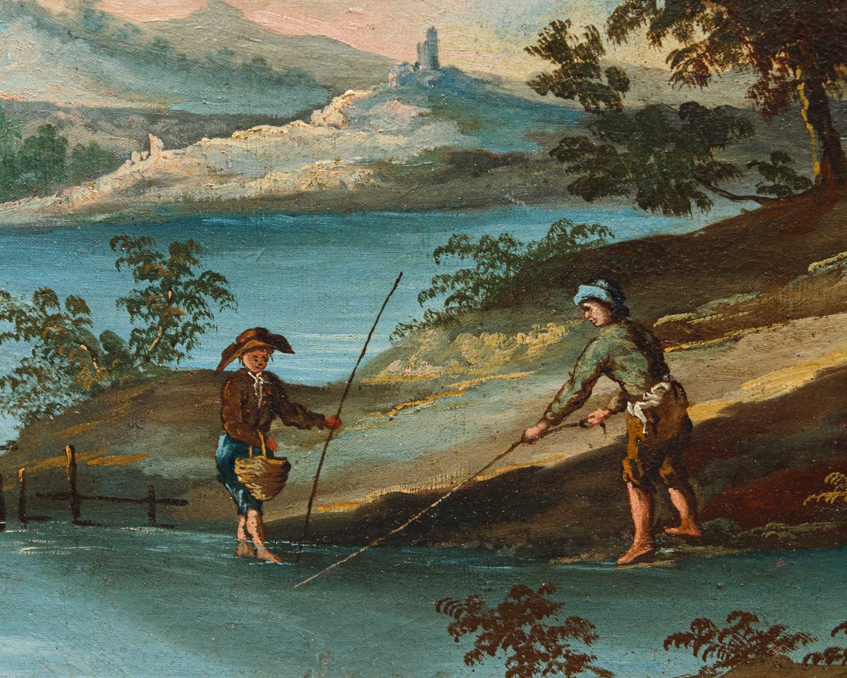 Scuola veneta del XVIII secol, Paesaggio con lago e torre circolare-photo-2