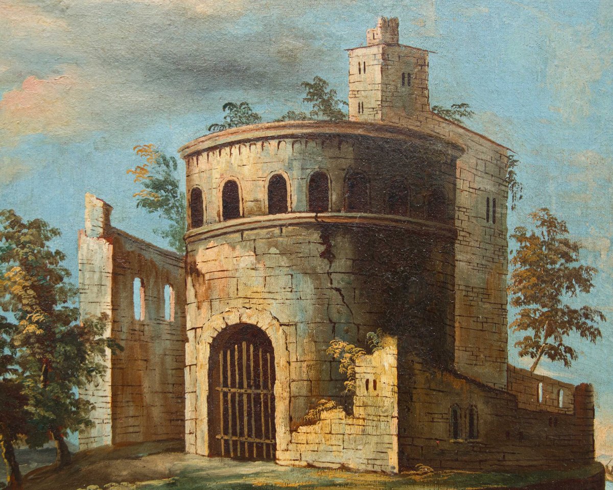 Scuola veneta del XVIII secol, Paesaggio con lago e torre circolare-photo-4