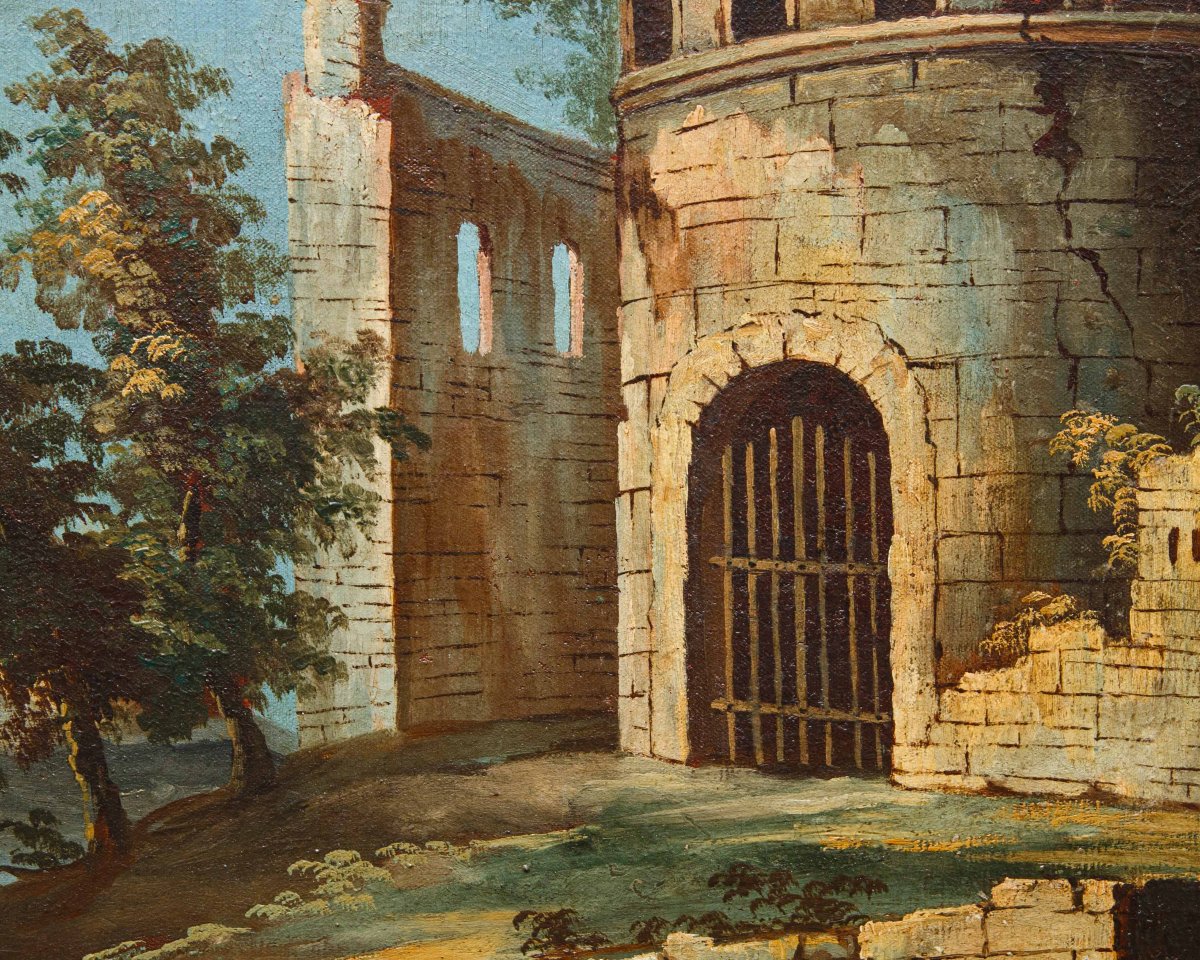 Scuola veneta del XVIII secol, Paesaggio con lago e torre circolare-photo-5