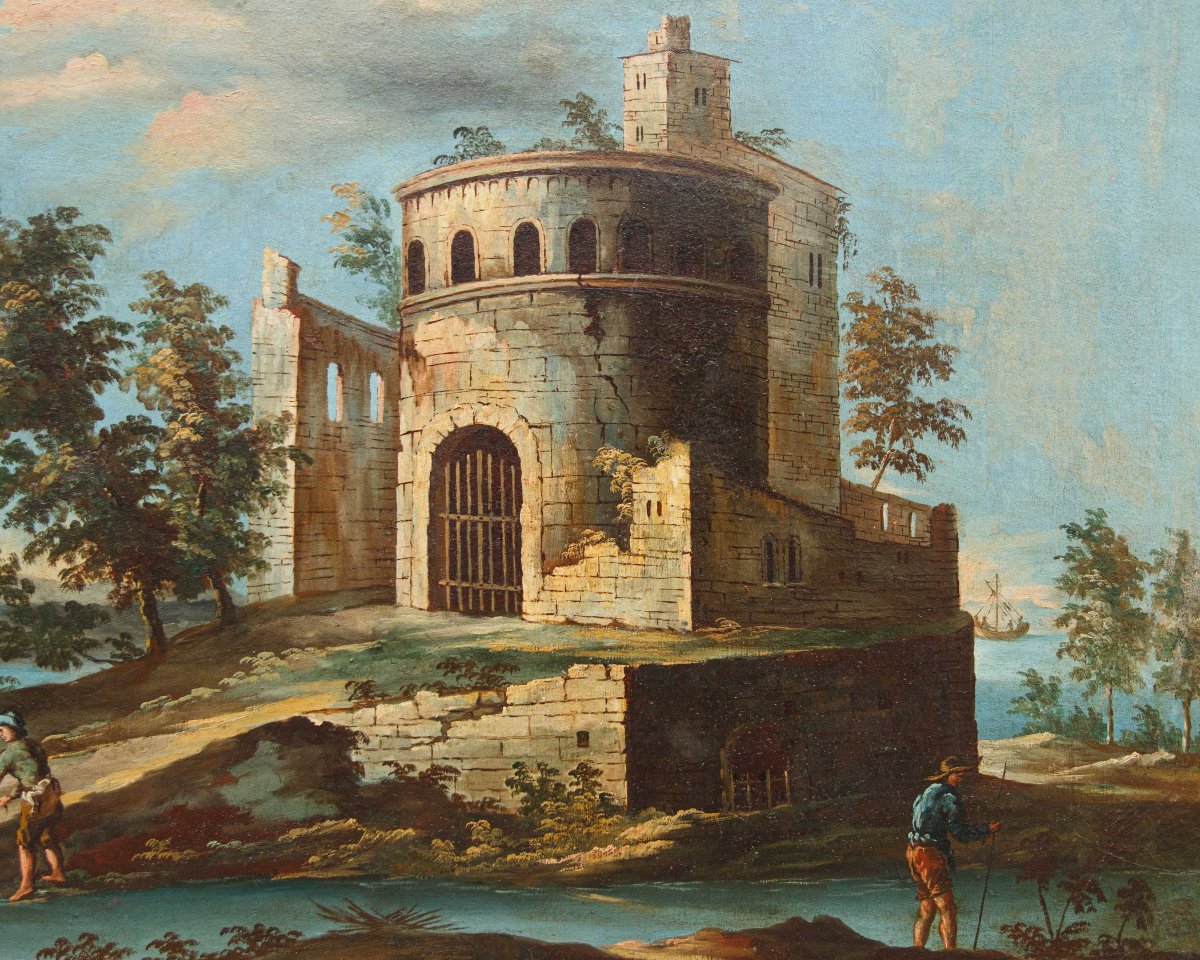 Scuola veneta del XVIII secol, Paesaggio con lago e torre circolare-photo-7