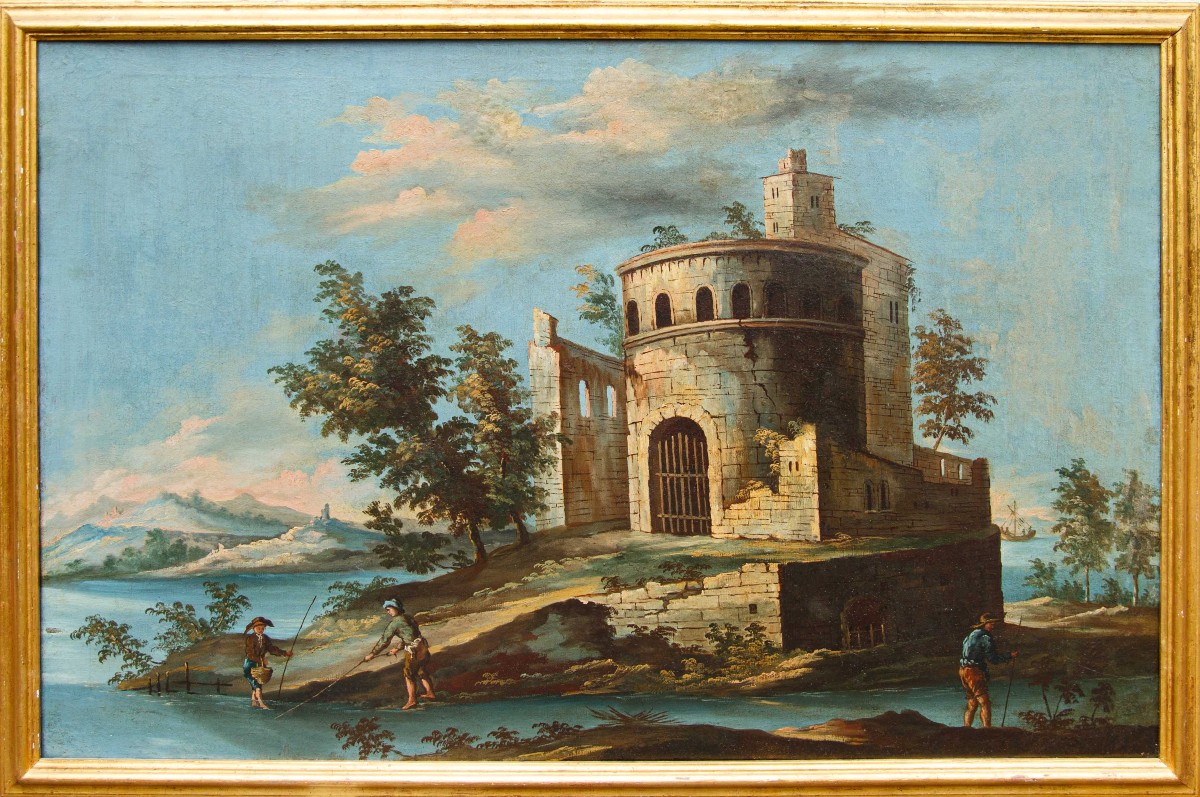 Scuola veneta del XVIII secol, Paesaggio con lago e torre circolare