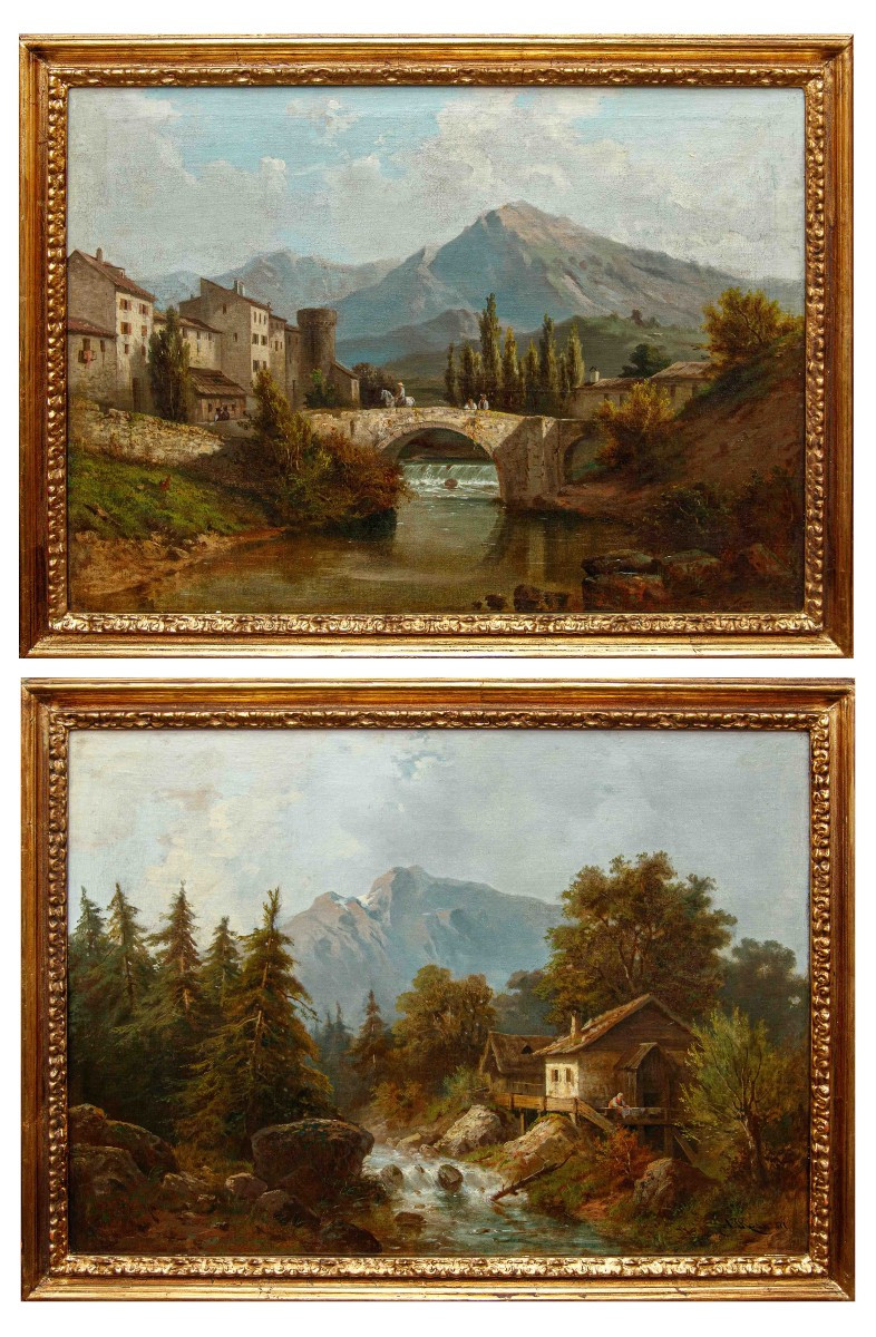 Costantino Rosa (Bergamo, 1803 – 1878), Coppia di paesaggi montani