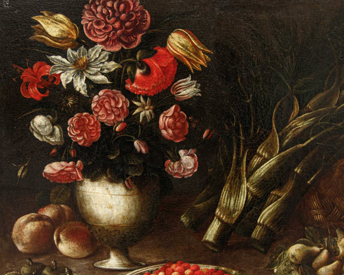 Scuola lombarda del XVII secolo, Natura morta con piatti, fiori e frutta-photo-3