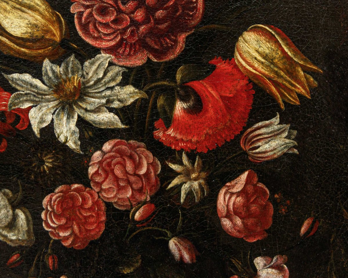 Scuola lombarda del XVII secolo, Natura morta con piatti, fiori e frutta-photo-4