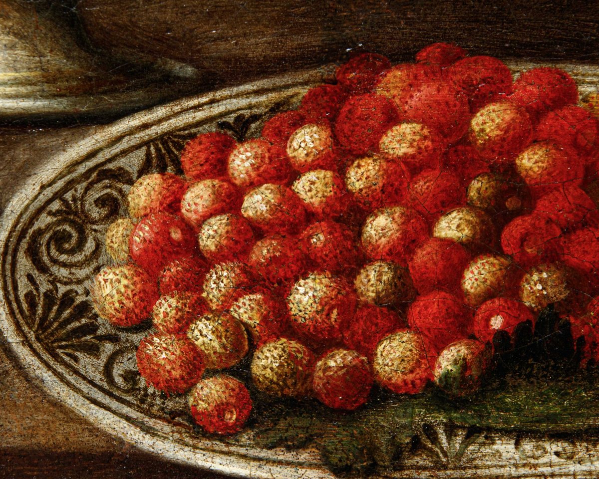 Scuola lombarda del XVII secolo, Natura morta con piatti, fiori e frutta-photo-5