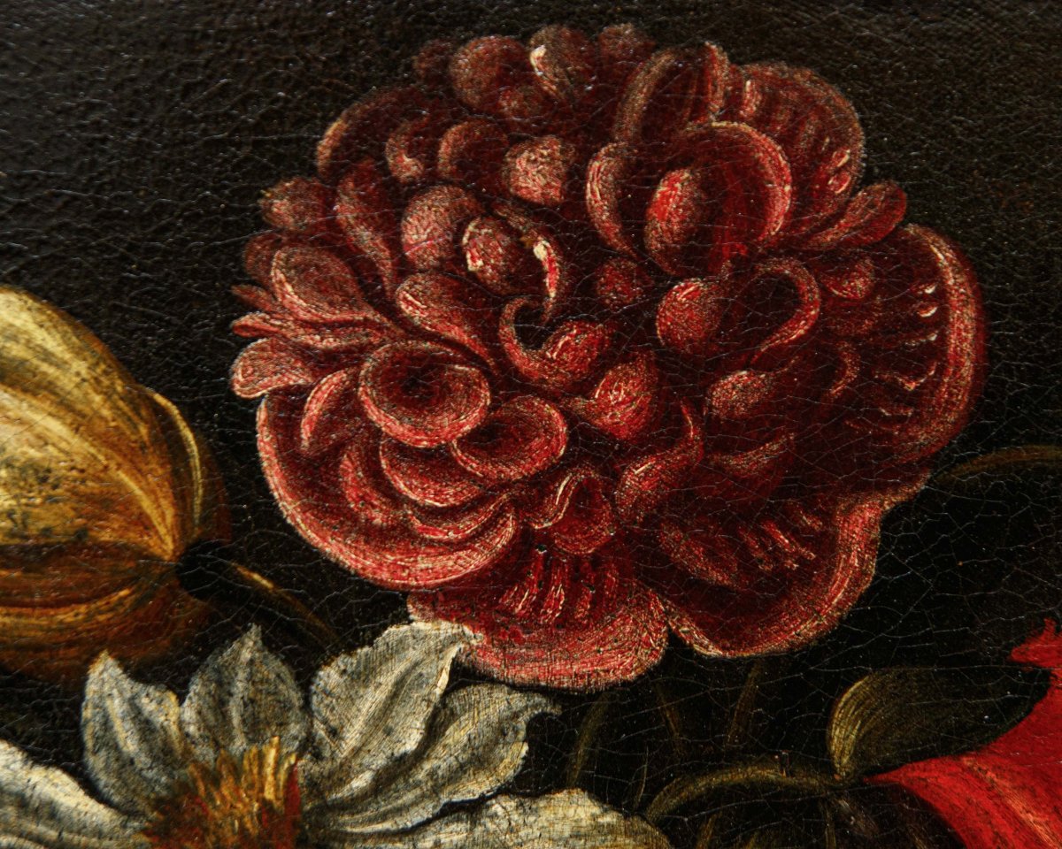 Scuola lombarda del XVII secolo, Natura morta con piatti, fiori e frutta-photo-7