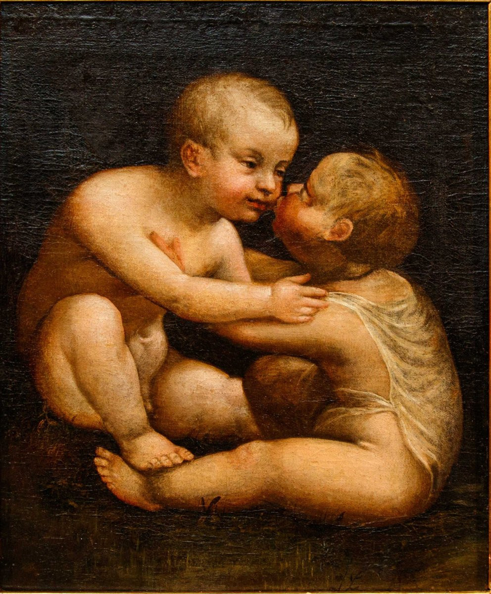 Pittore leonardesco, metà del XVI secolo, Gesù e San Giovannino che si baciano-photo-3