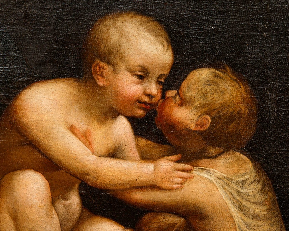 Pittore leonardesco, metà del XVI secolo, Gesù e San Giovannino che si baciano-photo-1