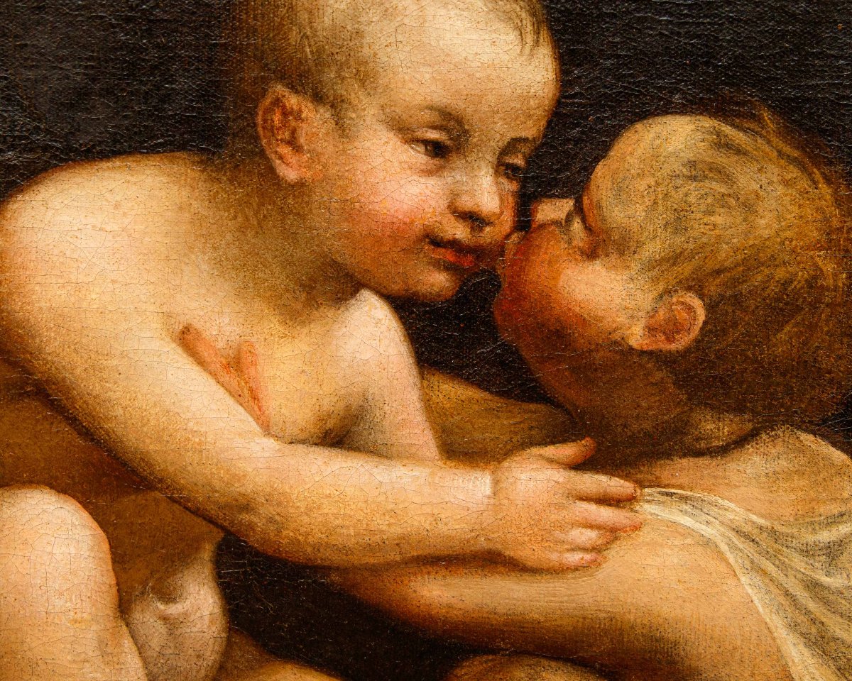 Pittore leonardesco, metà del XVI secolo, Gesù e San Giovannino che si baciano-photo-5