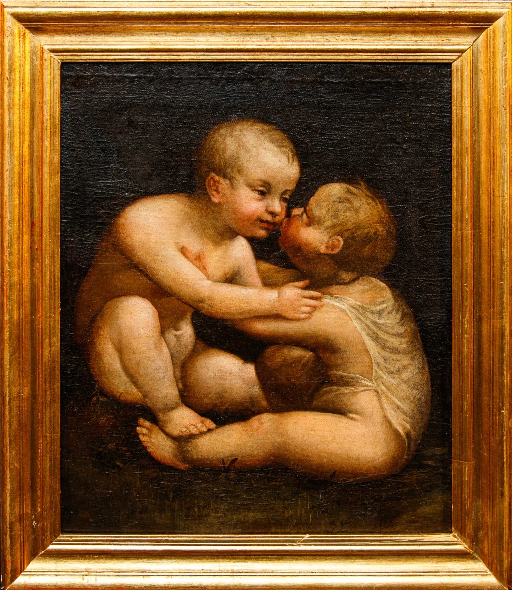 Pittore leonardesco, metà del XVI secolo, Gesù e San Giovannino che si baciano