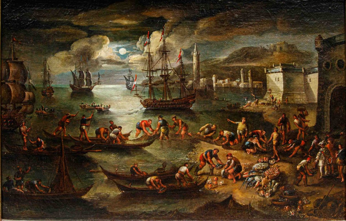 Scuola veneta del XVIII secolo, Marina con pescatori all’alba-photo-3
