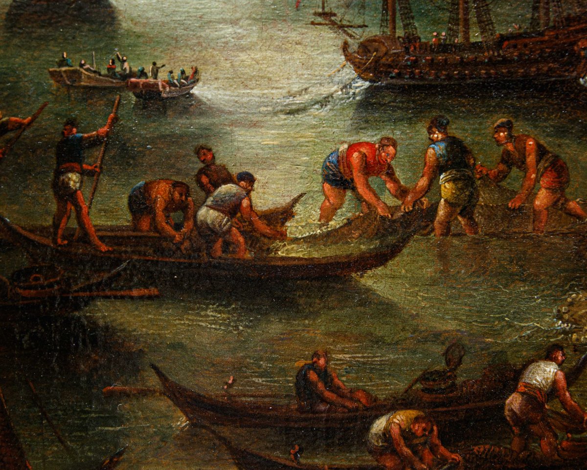 Scuola veneta del XVIII secolo, Marina con pescatori all’alba-photo-1