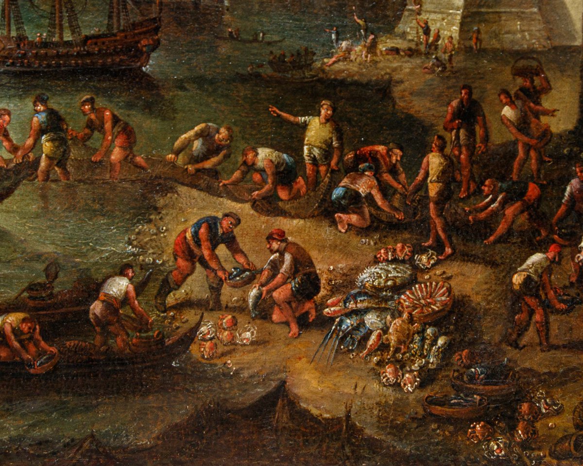 Scuola veneta del XVIII secolo, Marina con pescatori all’alba-photo-5