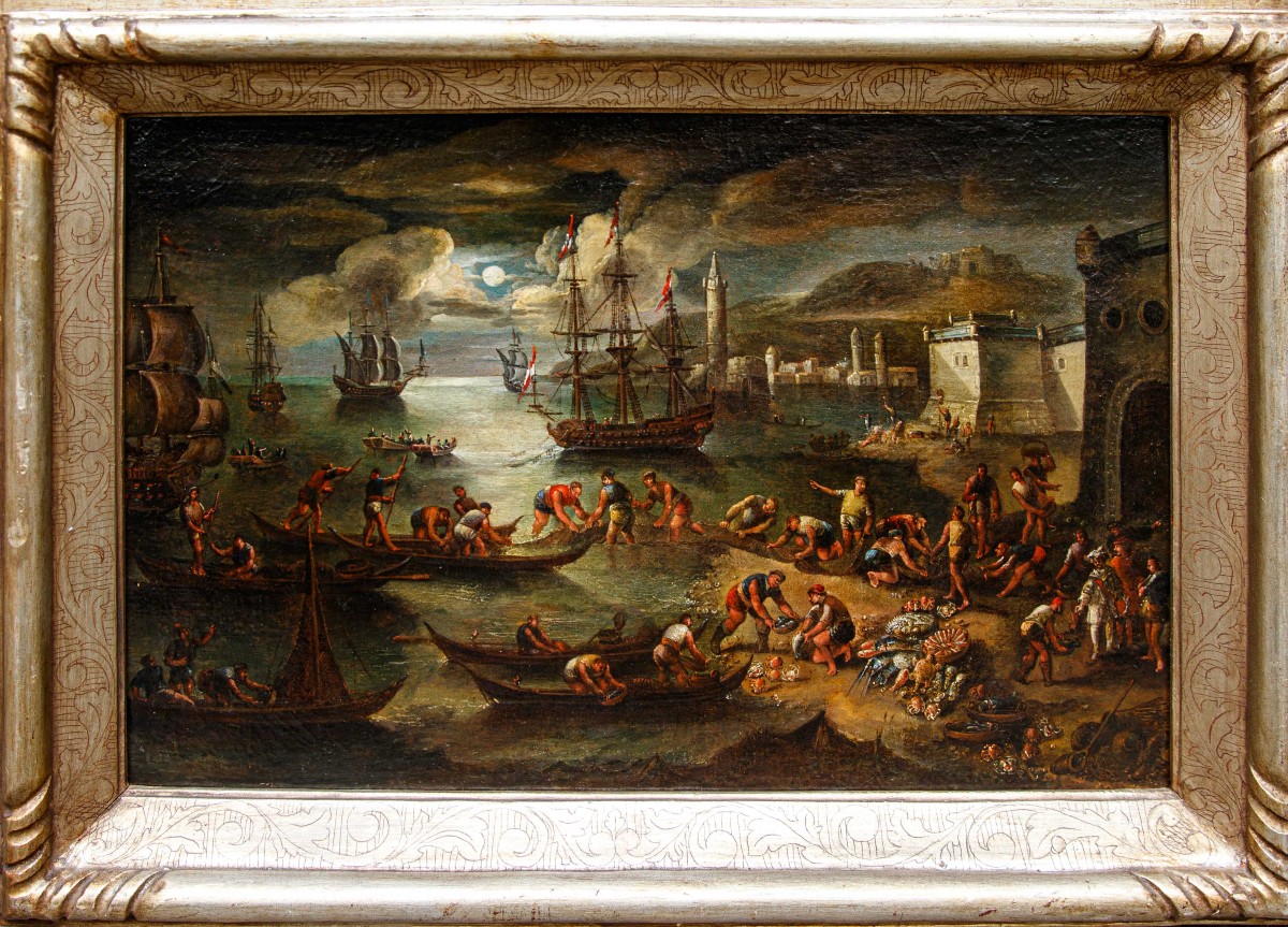 Scuola veneta del XVIII secolo, Marina con pescatori all’alba