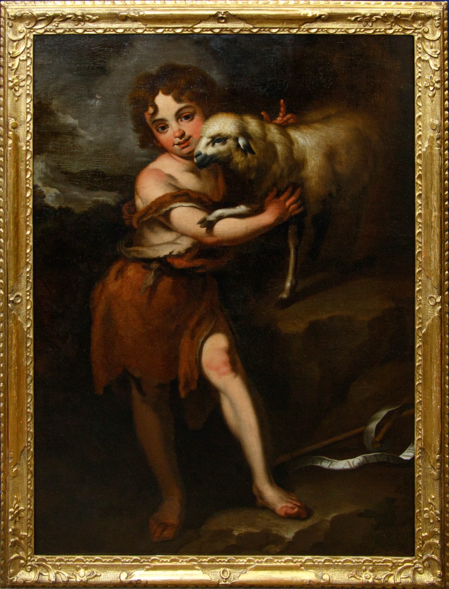 Seguace di Bartolomé Esteban Murillo (Siviglia, 1617 - 1682), San Giovannino con l’agnello