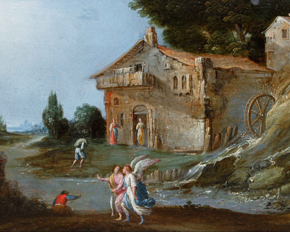 Carlo Antonio Procaccini (1571 – 1628), Tobiolo e l’angelo in un paesaggio fluviale-photo-3