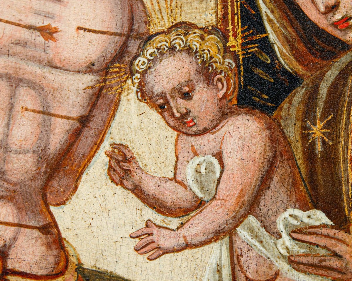 Pittore del basso adriatico, XVI secolo, Madonna col Bambino e i Santi Rocco e Sebastiano-photo-4