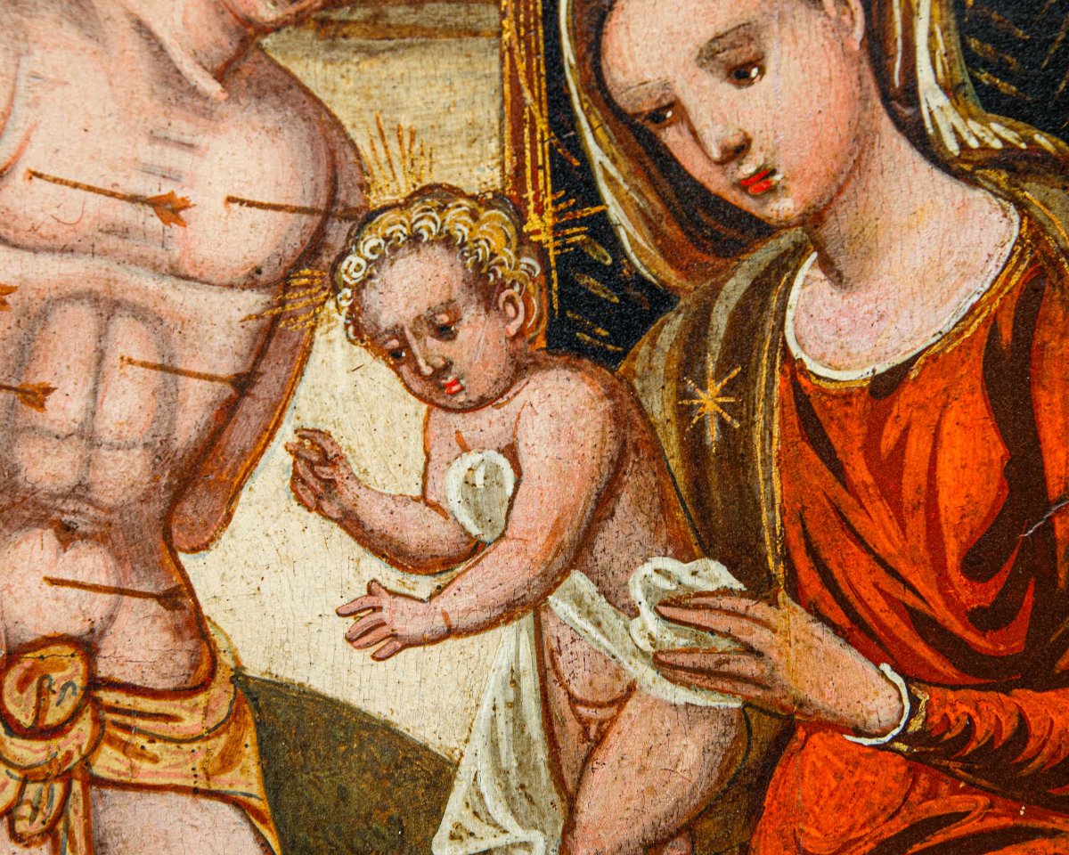Pittore del basso adriatico, XVI secolo, Madonna col Bambino e i Santi Rocco e Sebastiano-photo-4
