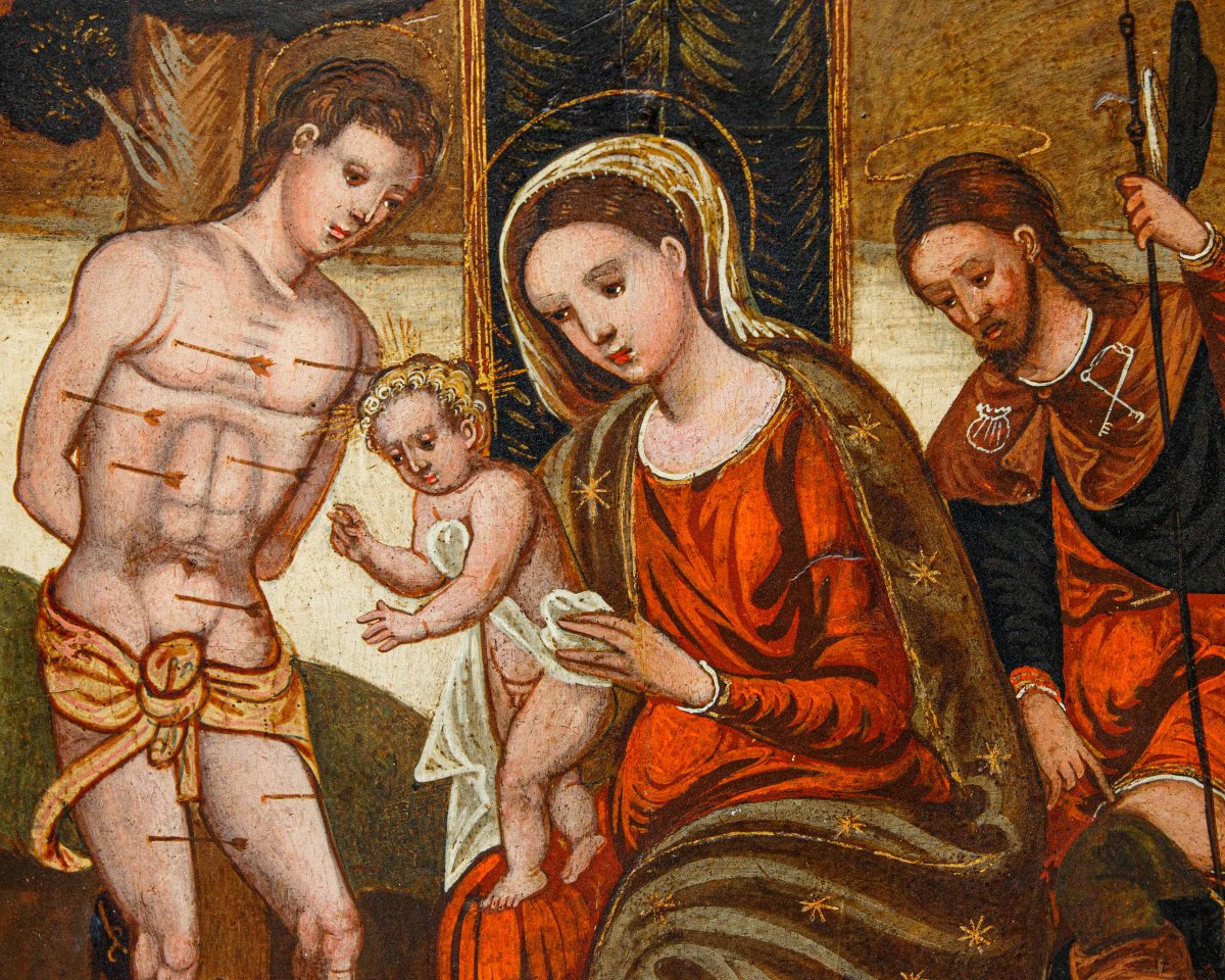 Pittore del basso adriatico, XVI secolo, Madonna col Bambino e i Santi Rocco e Sebastiano-photo-5