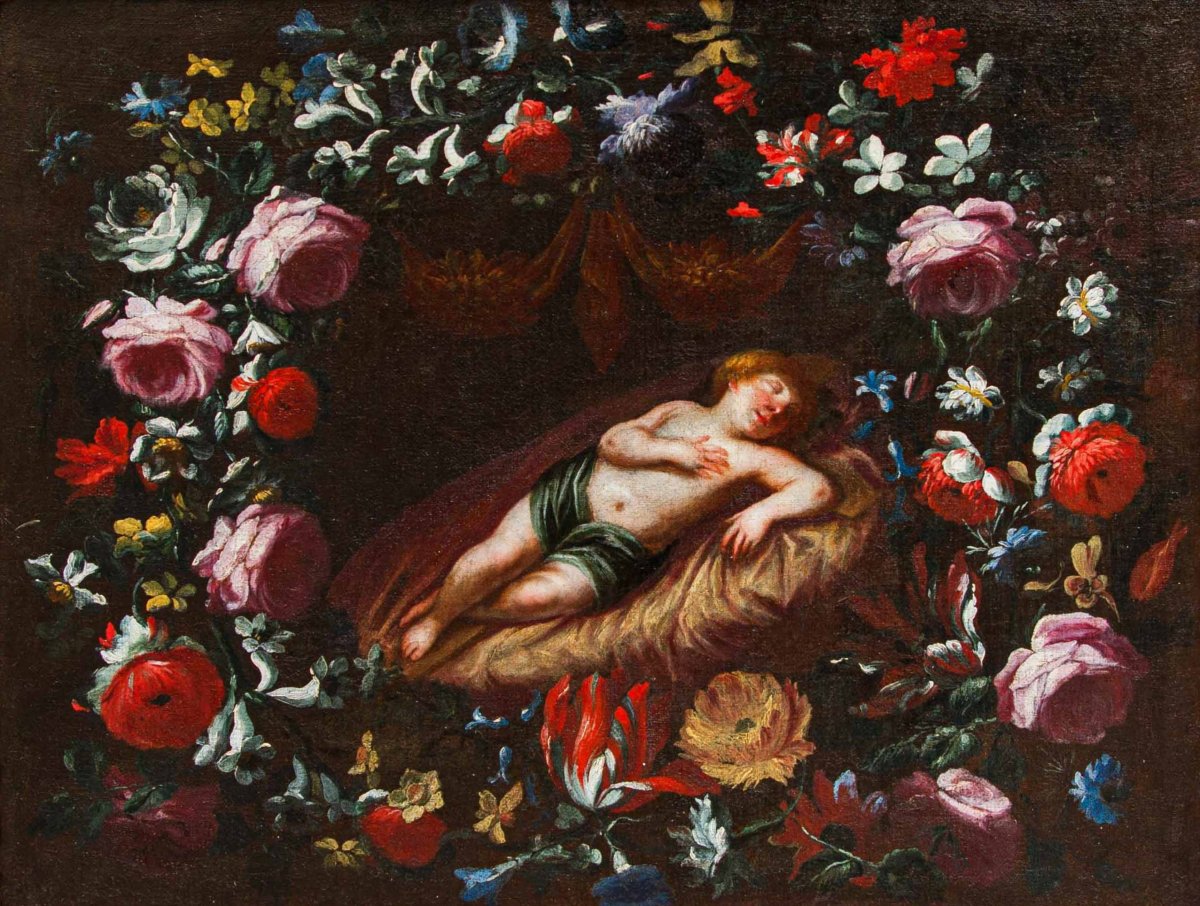 Pier Francesco Cittadini (1616 – 1681), attr., Ghirlanda con Gesù dormiente-photo-2