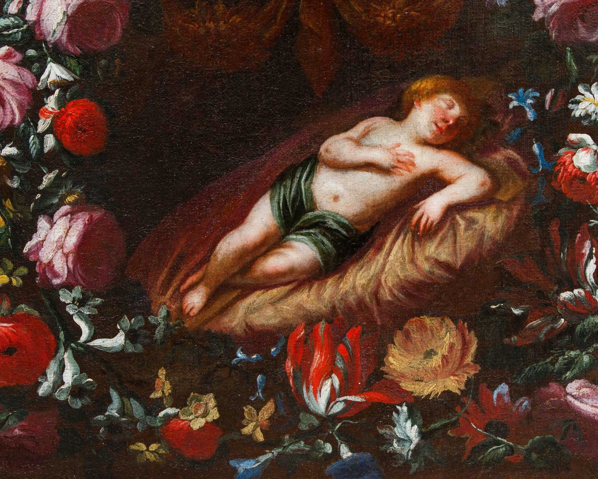 Pier Francesco Cittadini (1616 – 1681), attr., Ghirlanda con Gesù dormiente-photo-4