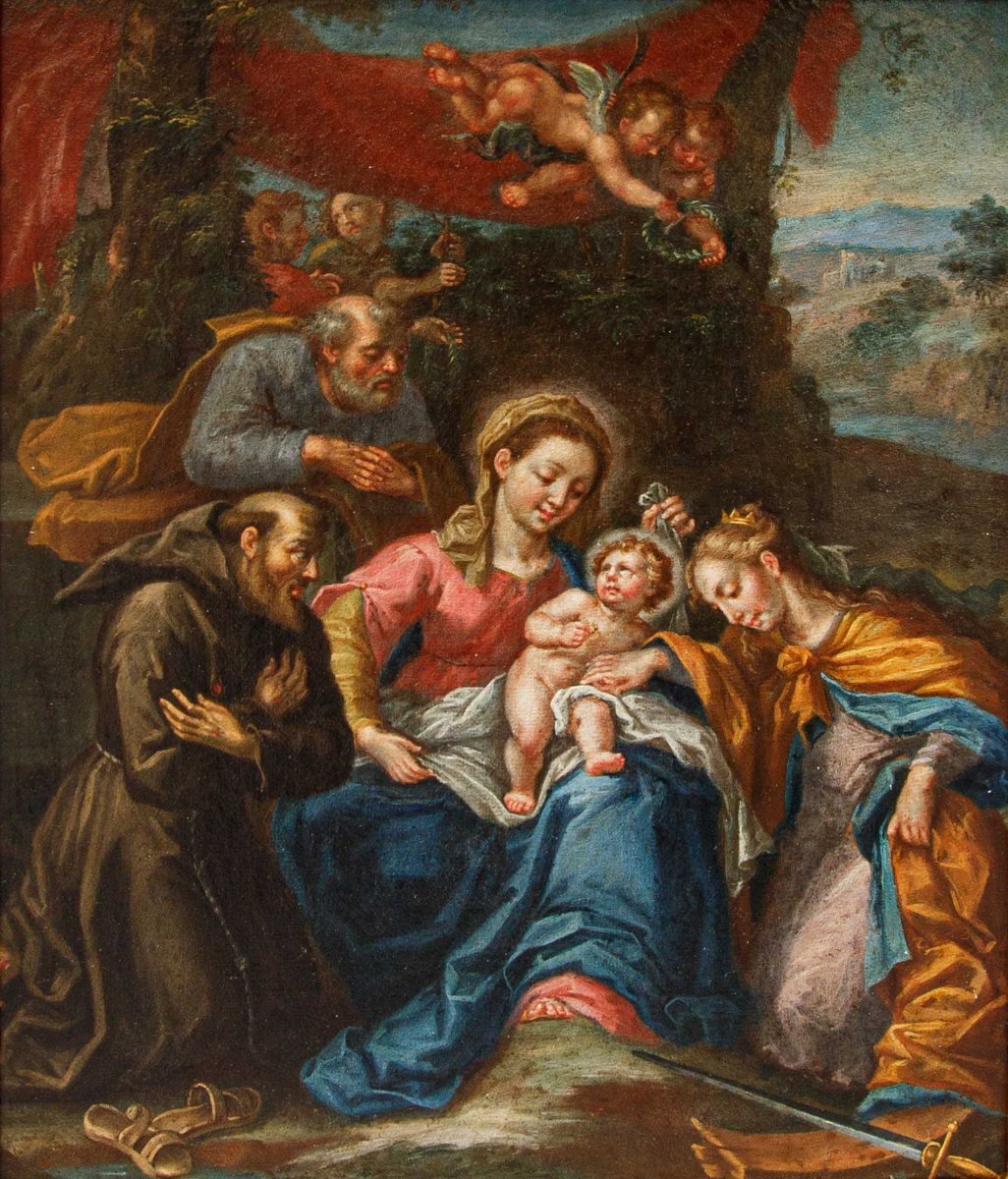 Scuola romana del XVII secolo, Sacra famiglia con Santa Caterina e Santo francescano