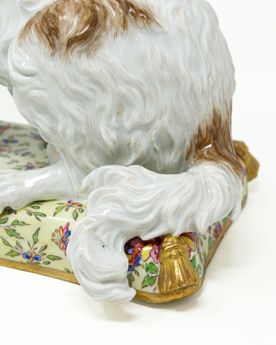 Porcellana di Meissen, seconda metà del XVIII secolo, Cucciolo di Bolognese su un cuscino-photo-4
