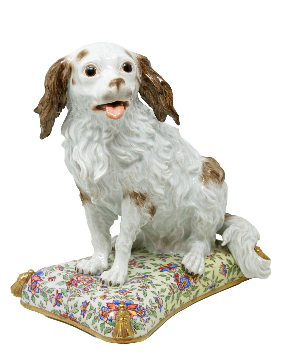 Porcellana di Meissen, seconda metà del XVIII secolo, Cucciolo di Bolognese su un cuscino