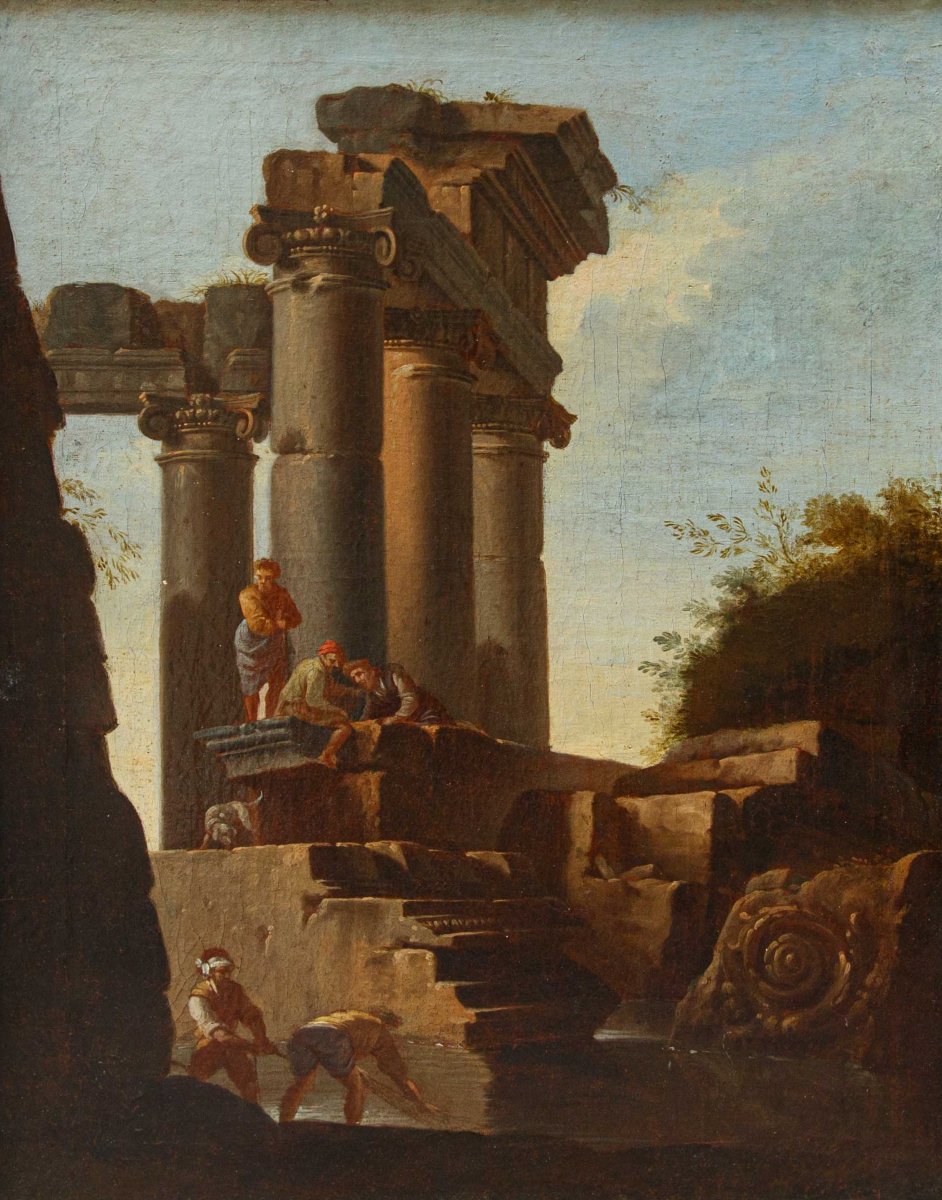 Giovanni Ghisolfi (Milano, 1623 – 1683), Paesaggio con rovine architettoniche e figure-photo-2