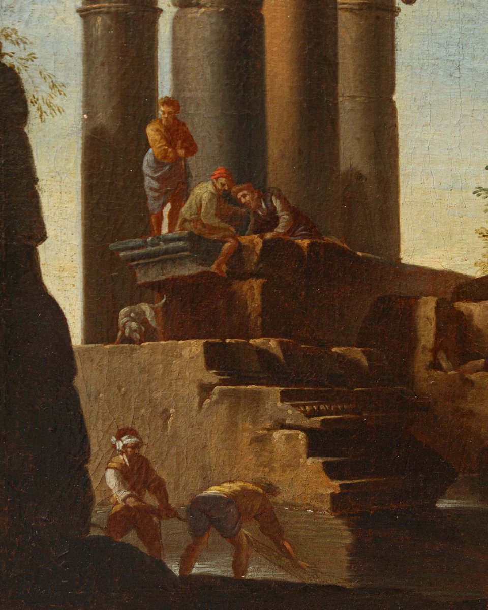 Giovanni Ghisolfi (Milano, 1623 – 1683), Paesaggio con rovine architettoniche e figure-photo-4
