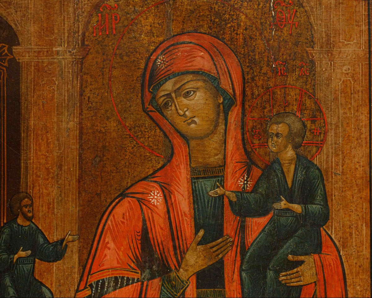 Russia, XIX secolo, Icona; Madonna con Bambino e committente-photo-4