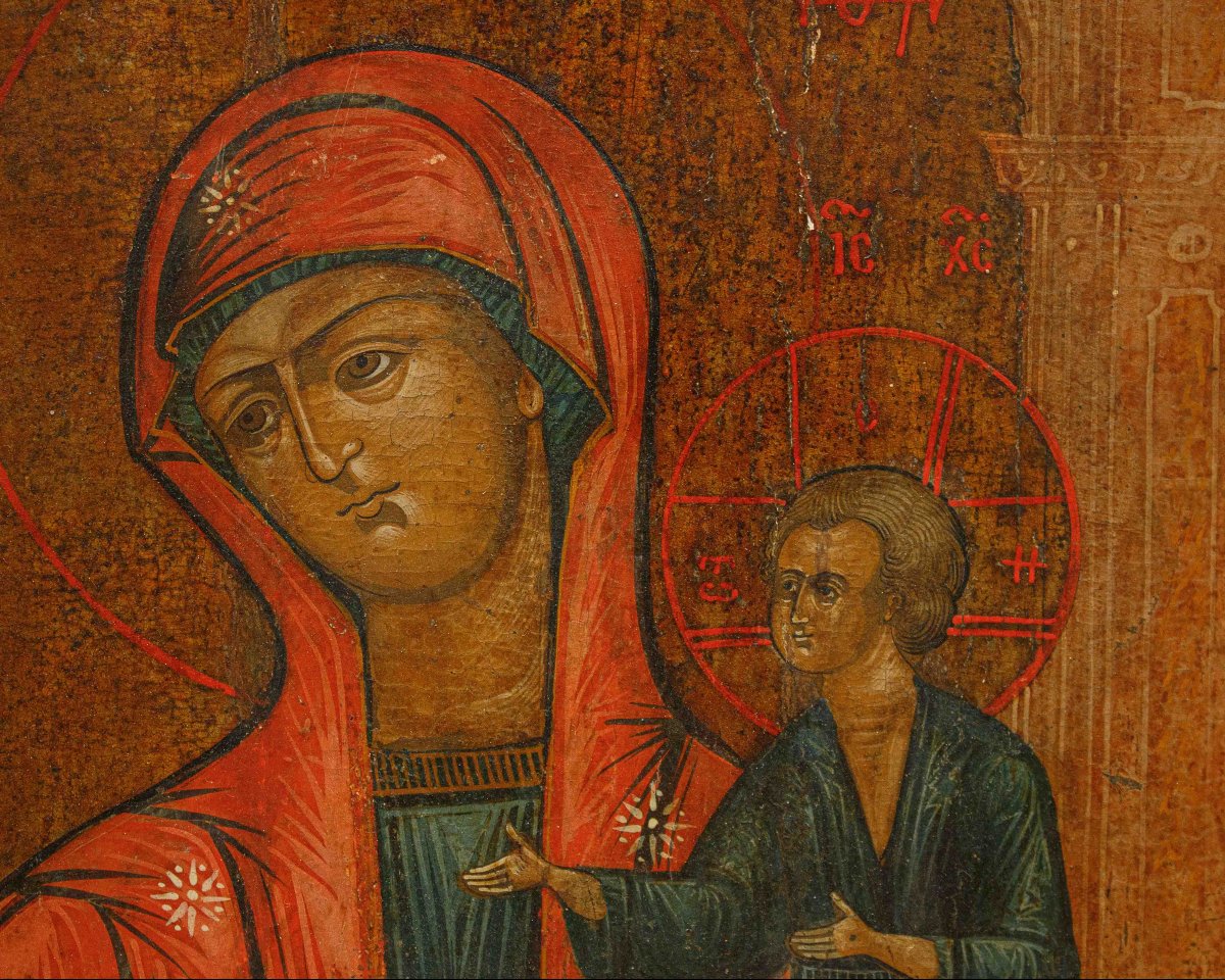 Russia, XIX secolo, Icona; Madonna con Bambino e committente-photo-1