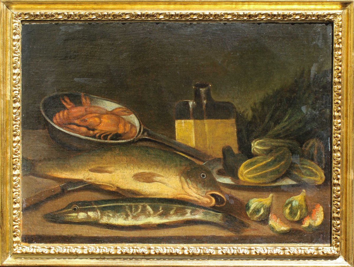 Nicola Levoli (Rimini, 1728 – 1801), attr., Natura morta con pesci e crostacei