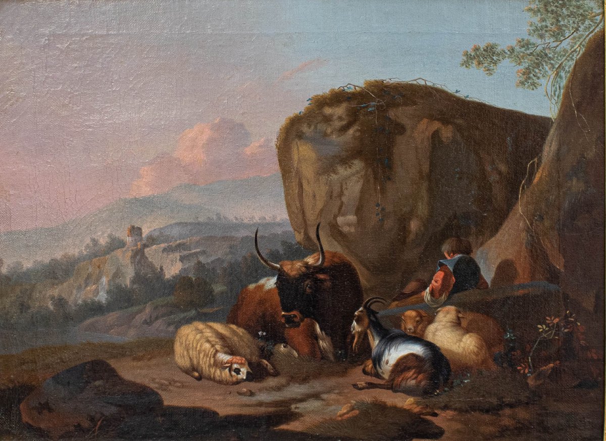 Cerchia di Nicolaes Berchem (1620, Haarlem - 1683, Amsterdam), Scena con armenti-photo-2