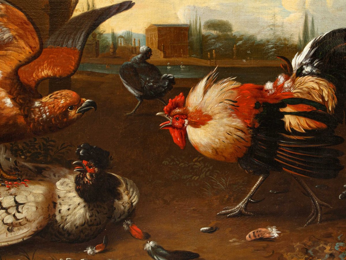 Seguace di Melchior de Hondecoeter (1636 – 1695), XVIII secolo, Un gallo difende una gallina-photo-6