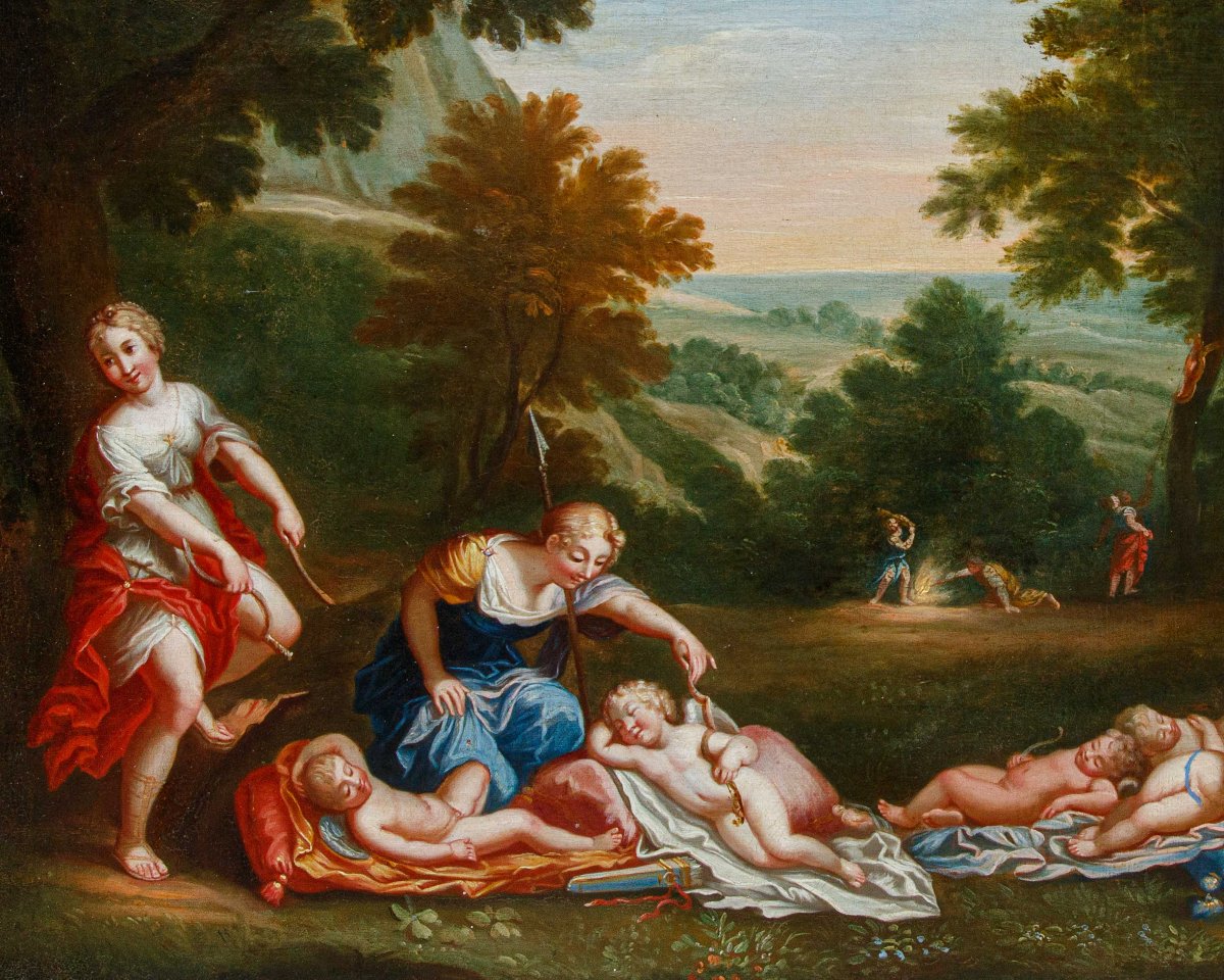 Cerchia di Francesco Albani (Bologna, 1578 – 1660), Cupidi dormienti disarmati dalle ninfe-photo-1