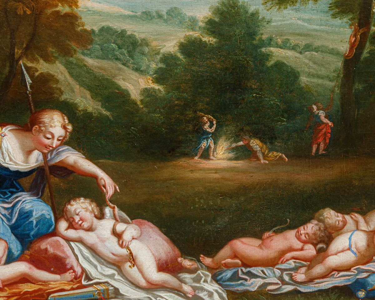 Cerchia di Francesco Albani (Bologna, 1578 – 1660), Cupidi dormienti disarmati dalle ninfe-photo-2