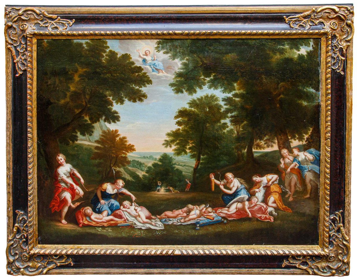 Cerchia di Francesco Albani (Bologna, 1578 – 1660), Cupidi dormienti disarmati dalle ninfe