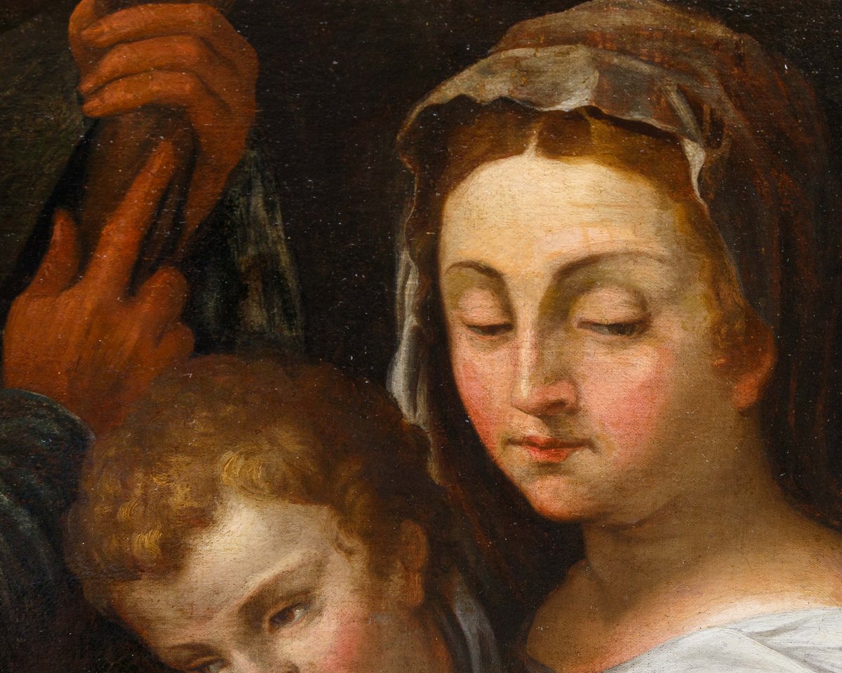 Scuola emiliana, prima metà del XVII secolo, Sacra Famiglia con San Giovannino e un angelo-photo-3
