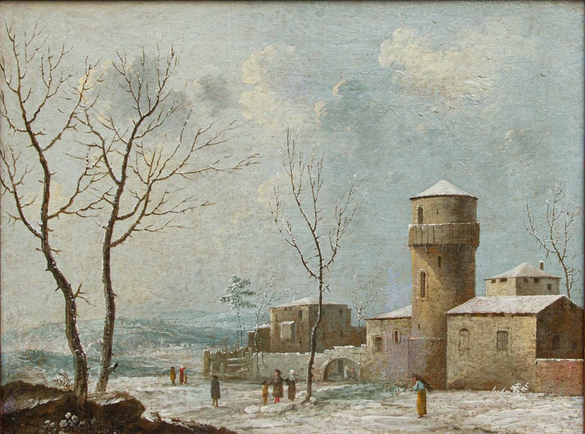 XVIII secolo, Paesaggio innevato con castello e figure-photo-2