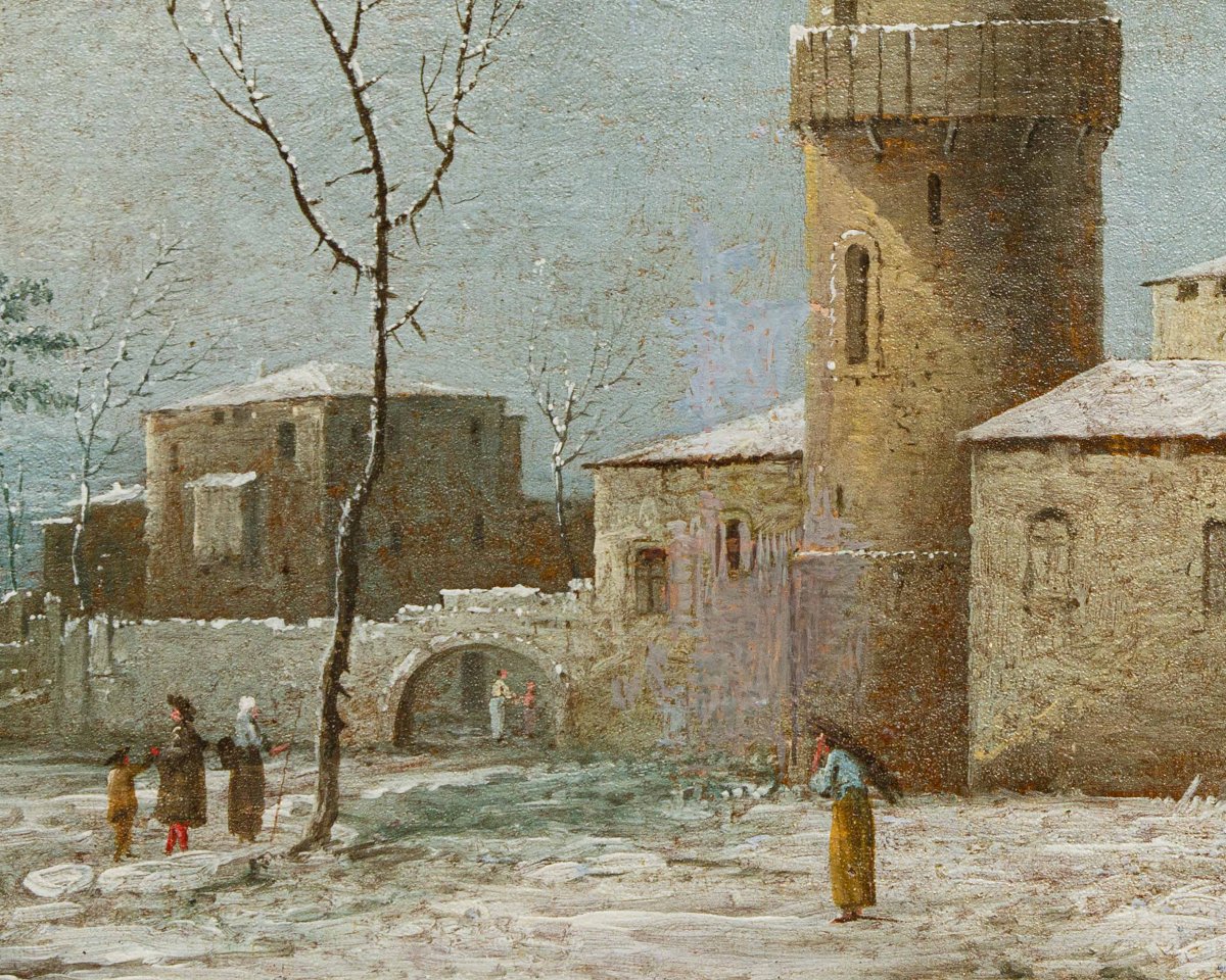 XVIII secolo, Paesaggio innevato con castello e figure-photo-1