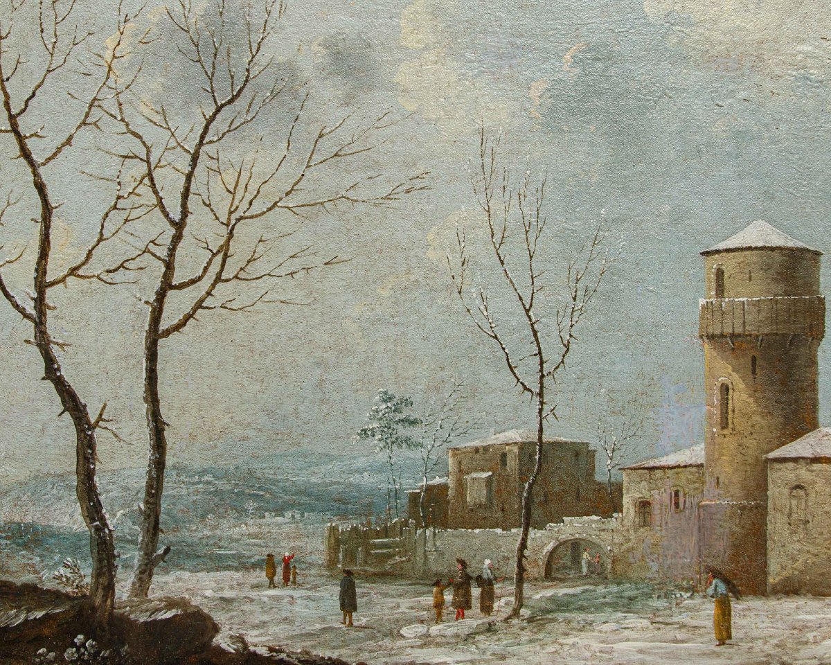 XVIII secolo, Paesaggio innevato con castello e figure-photo-3